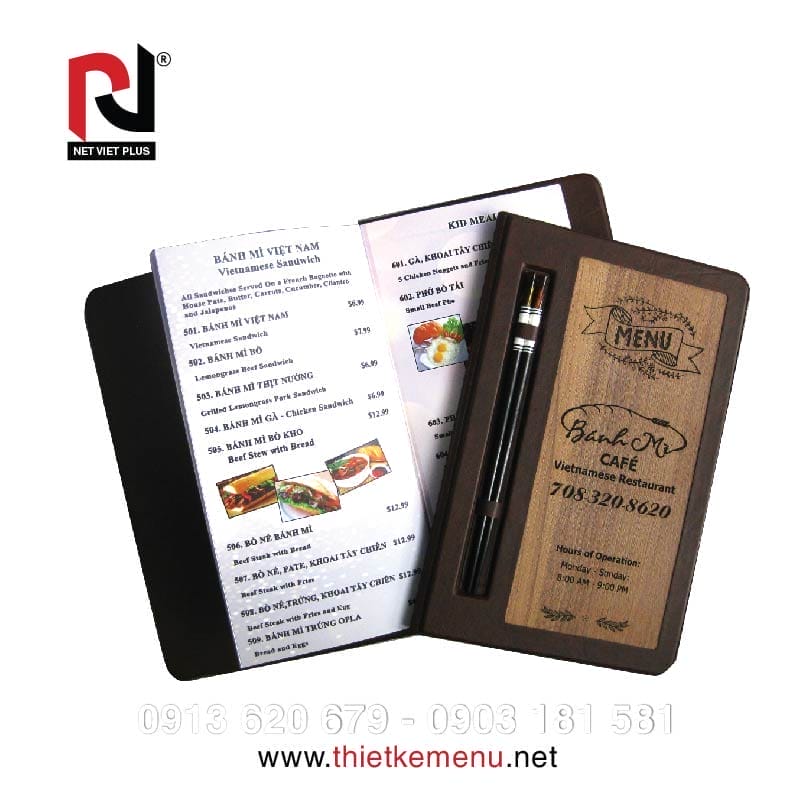 Menu bìa gỗ quán Cafe kết hợp simili