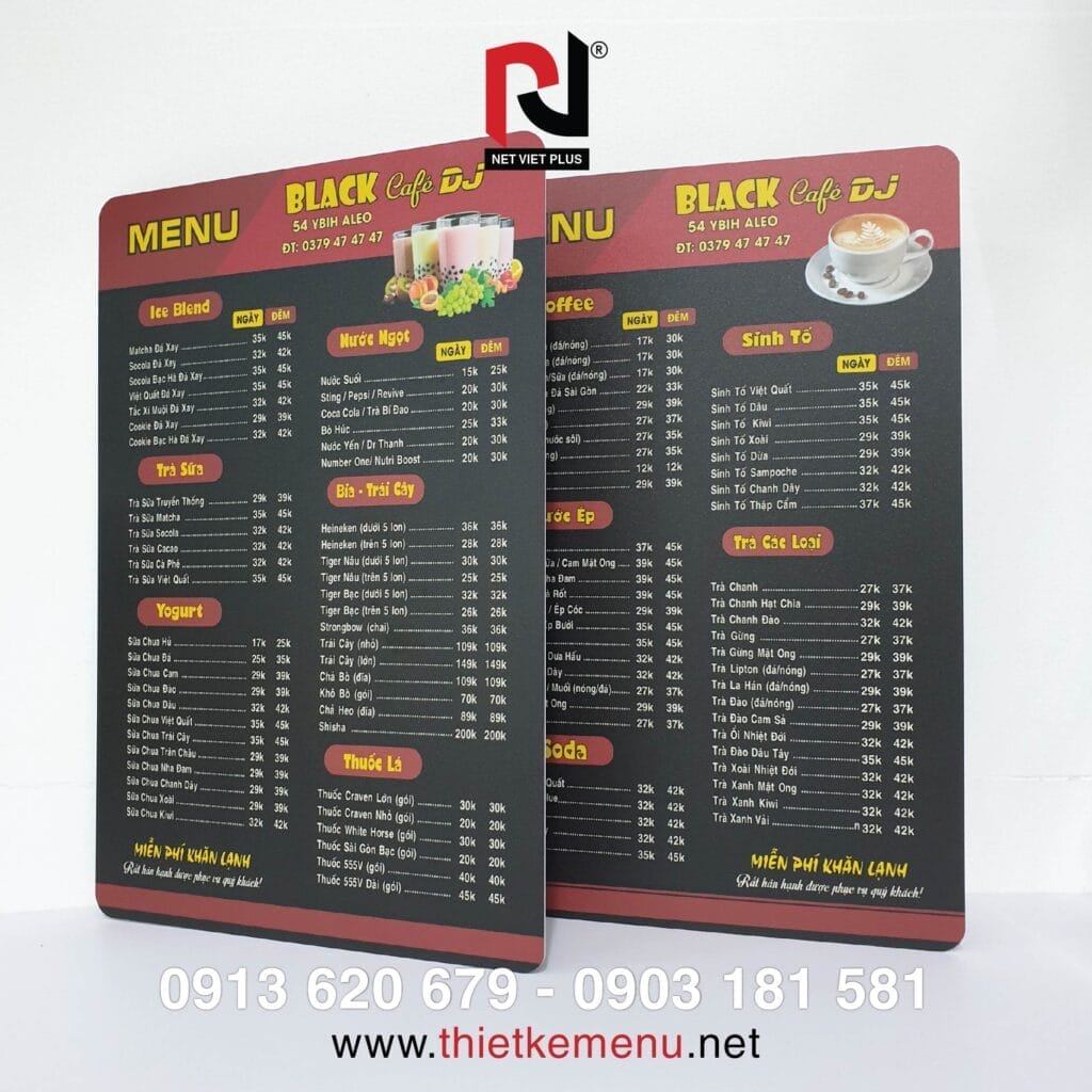 Menu nhựa quán cafe