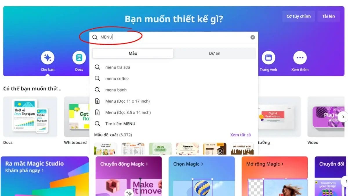 Bước đầu Bạn vào thanh tìm kiếm:” Menu” để chọn chủ để thích hợp để thiết kế menu quán ăn online