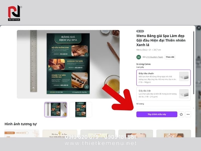 Bước 3: Tùy chỉnh Thiết Kế Menu Spa Online