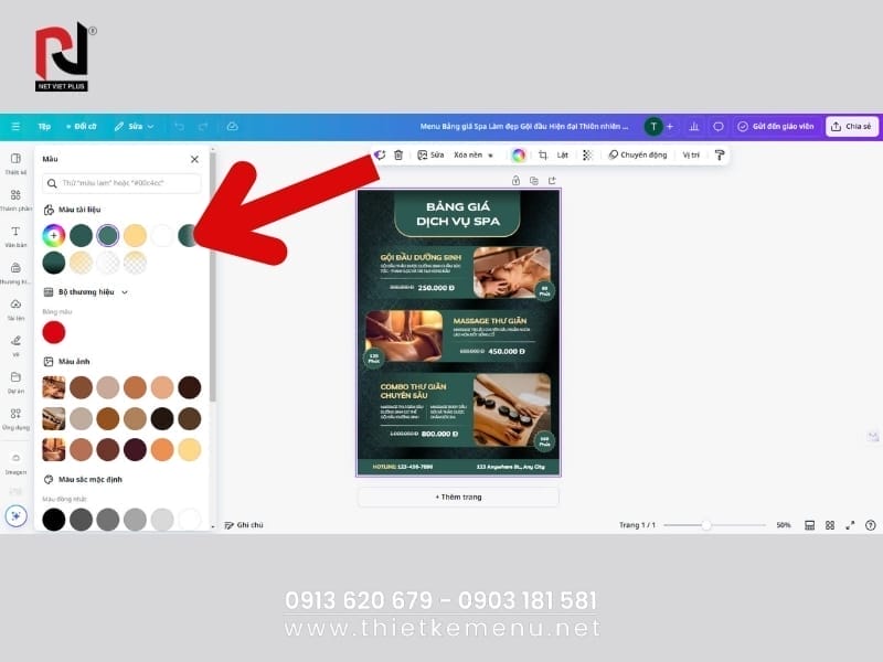 Bước 4: Tùy chỉnh màu sắc Thiết Kế Menu Spa Online