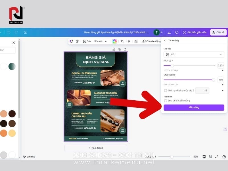 Bước 5: Xuất file khi Thiết Kế Menu Spa Online hoàn tất