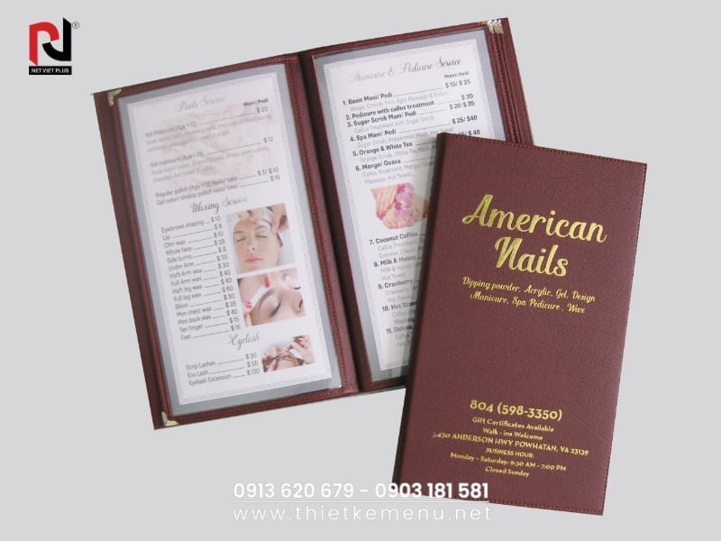 Menu Nail đẹp mắt, giúp khách hàng dễ dàng lựa chọn dịch vụ.