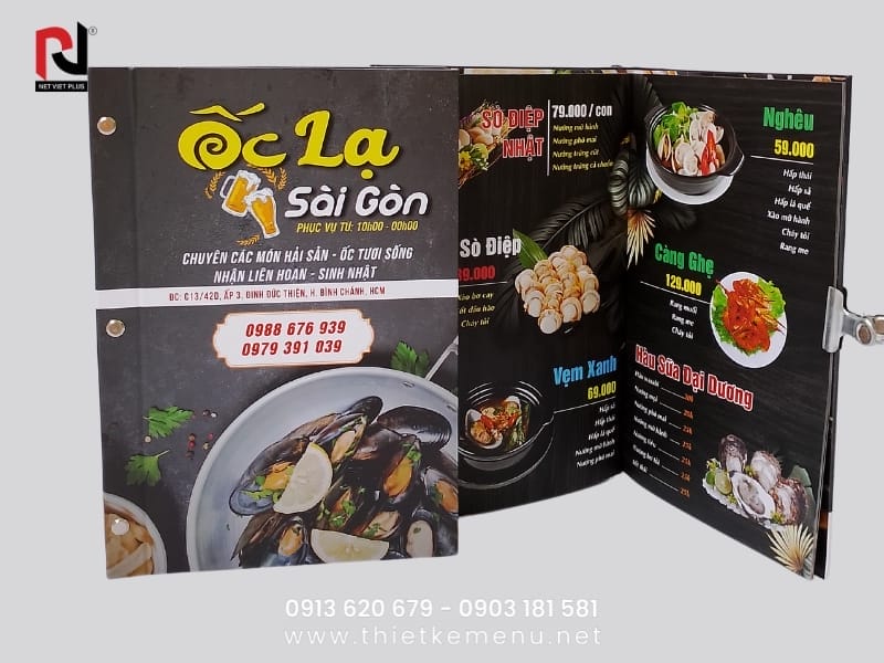 Menu bìa cứng mở phẳng, thiết kế tinh tế.