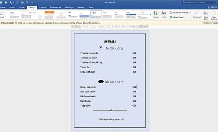BÍ QUYẾT LÀM MENU BẰNG WORD - NHANH, DỄ DÀNG, THU HÚT 6 Đặt giá cho menu